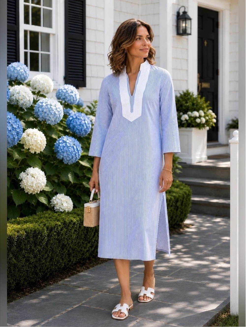 Sail to Sable | Blue & Green 100% Cotton Long Sleeve Caftan - Picture 16 of 16